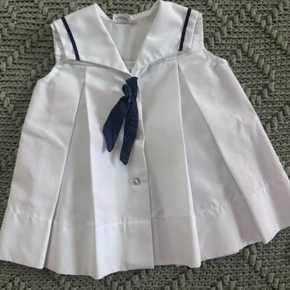 Bryan Girls 12 Month White Sailor Dress Navy Blue Trim Vintage Style